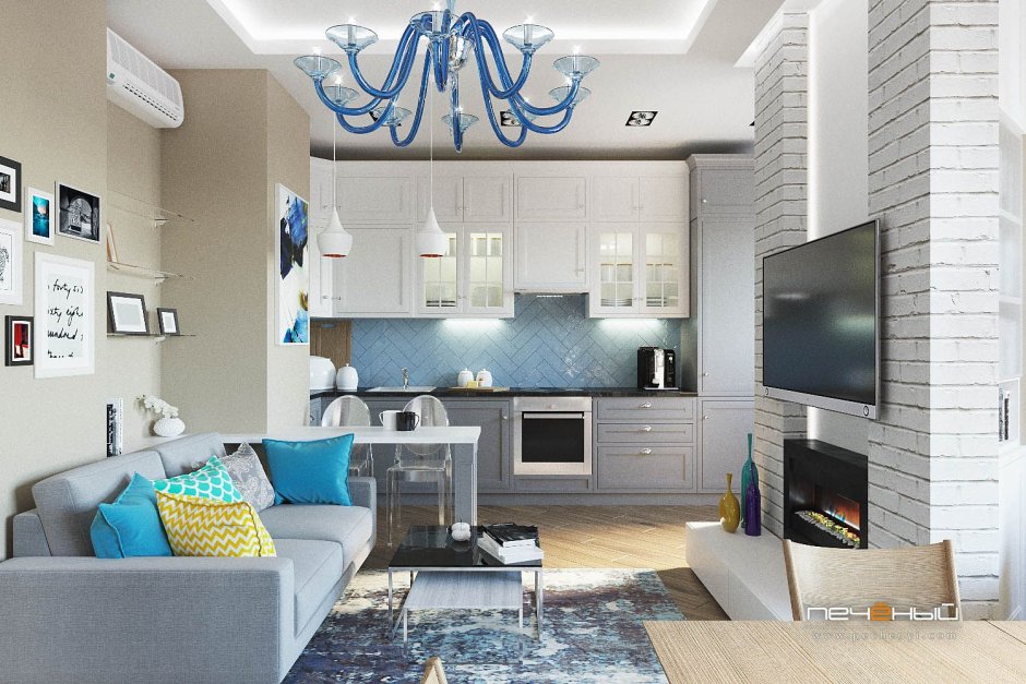 Студия с кухней в бело синих тонах
