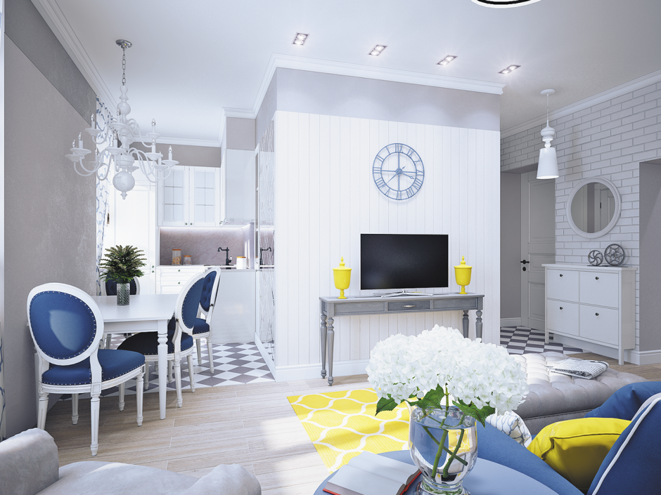 Синие шторы в интерьере кухни