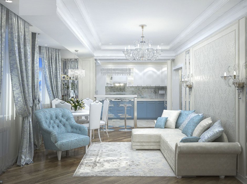 Кухня-гостиная в классическом стиле в голубых тонах