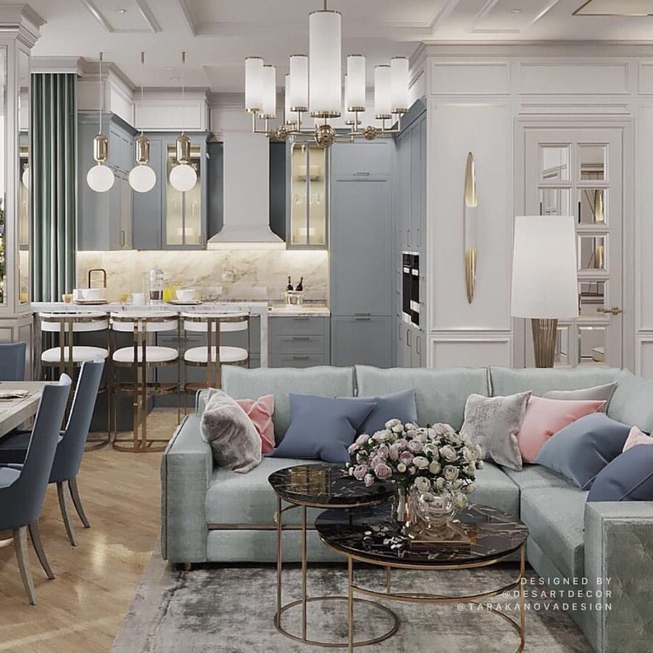 Серая кухня с гостиной Неоклассика