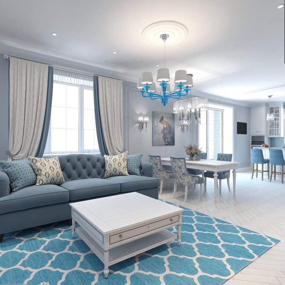 Кухня гостиная в серо голубых тонах