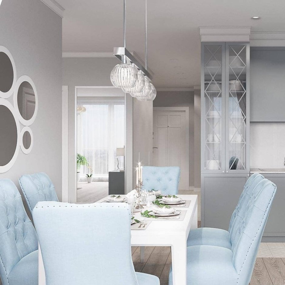 Кухня гостиная в серо синих тонах
