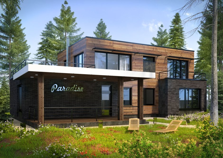 Домик с плоской крышей и террасой