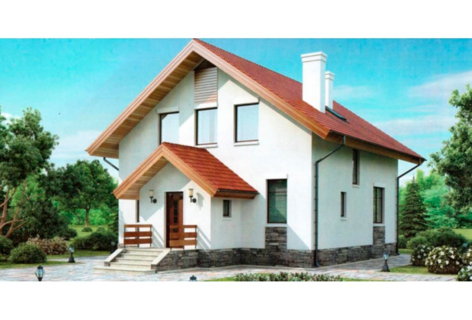 Дом с двускатной крышей и крыльцом