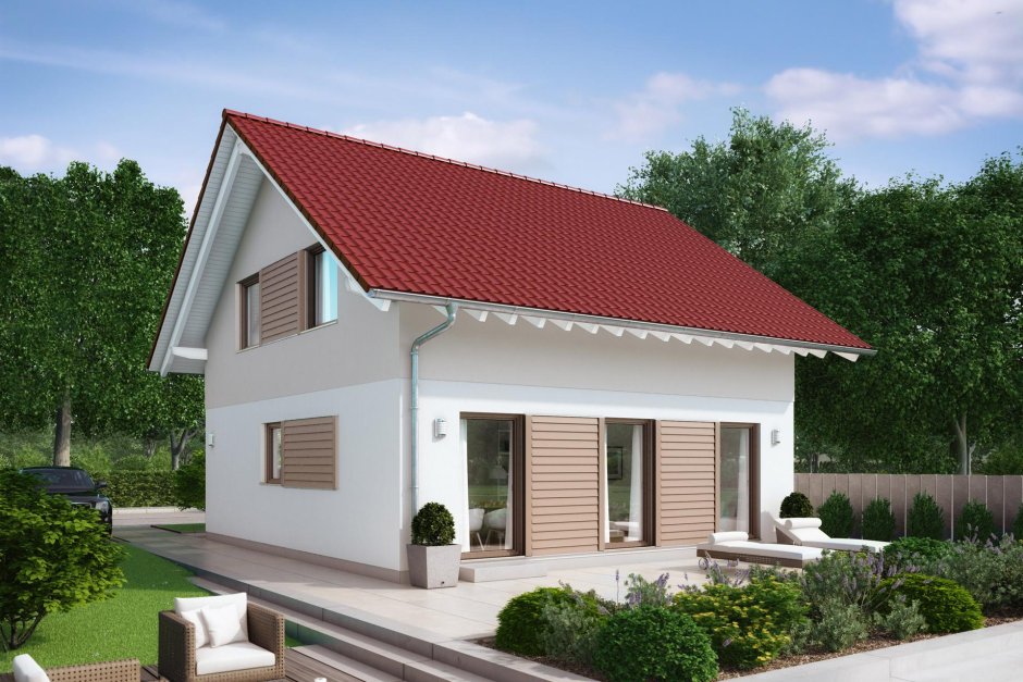 Одноэтажный кирпичный дом с двухскатной крышей