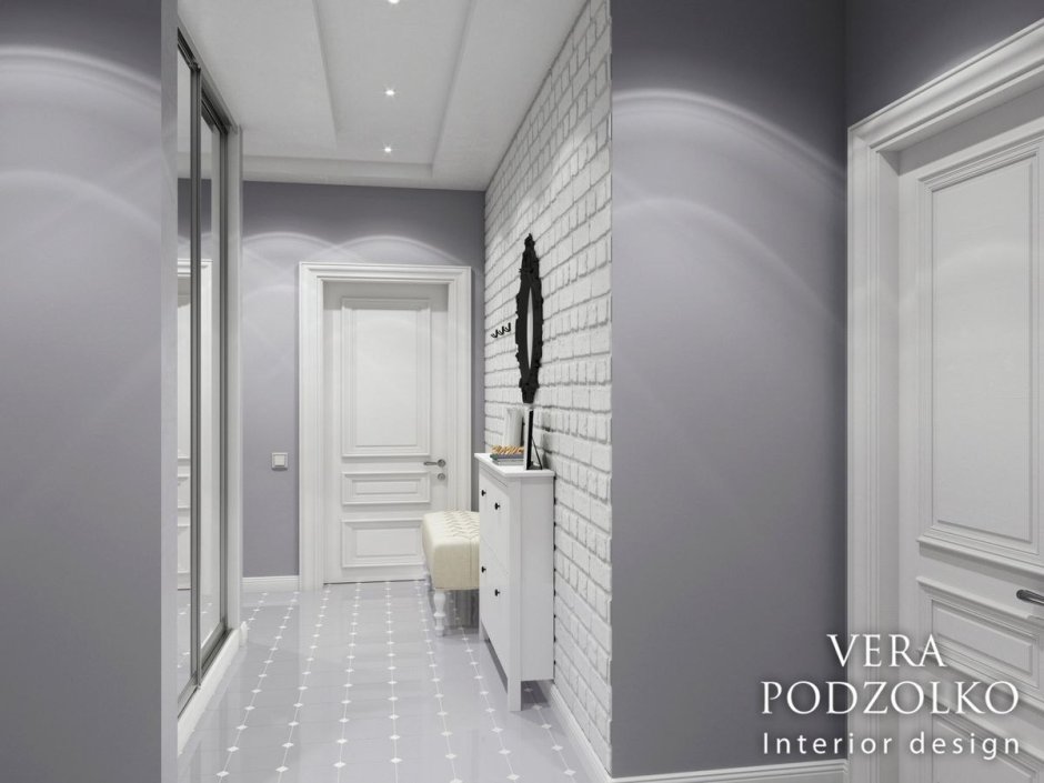 Серая прихожая с белыми дверями