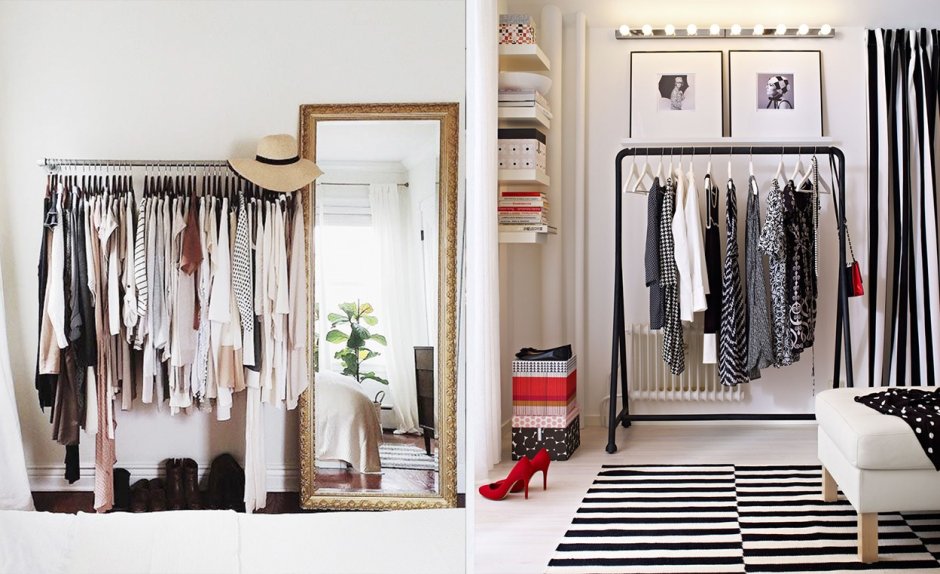 Открытая вешалка в интерьере спальни