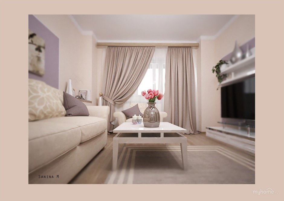 Бежевые шторы в гостиной