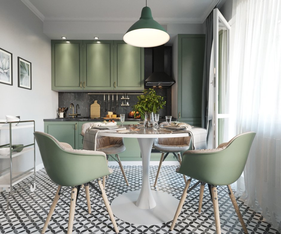 Серо-зеленый цвет в интерьере кухни