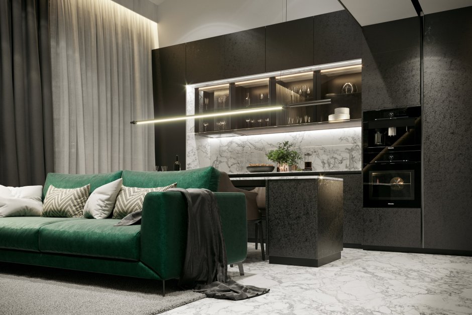 Темно-зеленый диван в интерьере