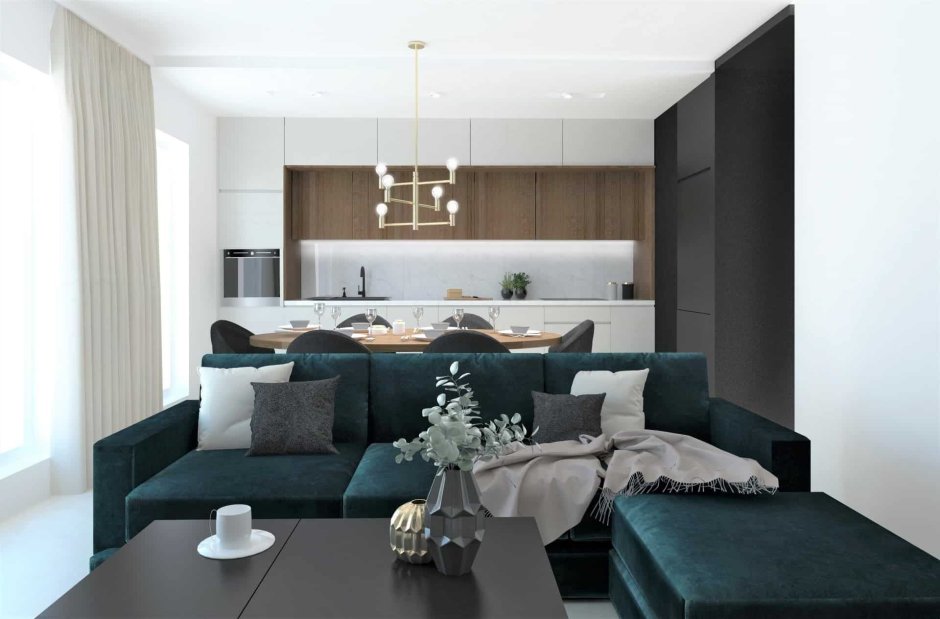 Кухня гостиная с изумрудным диваном