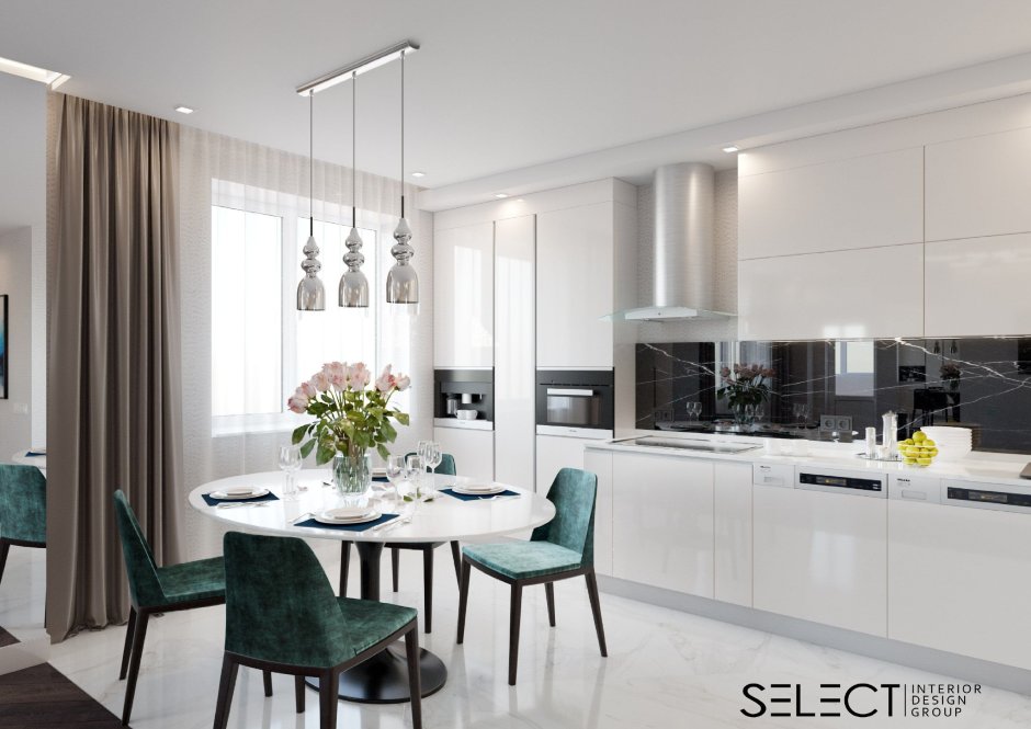 Бело Изумрудная кухня гостиная