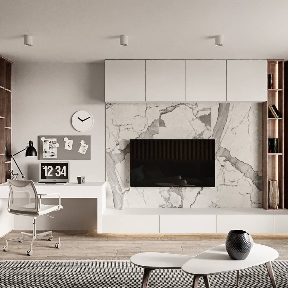 Стена из керамогранита в гостиной за телевизором