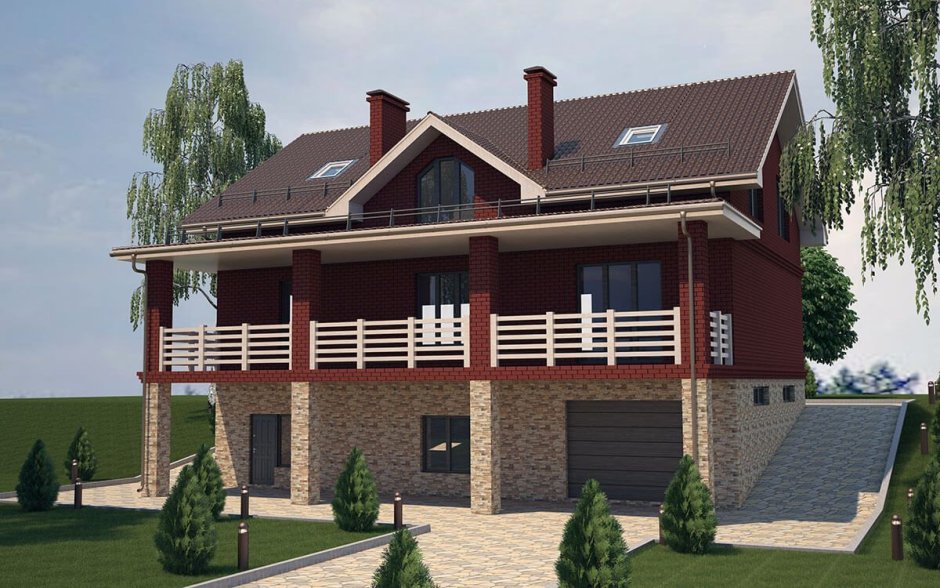 Двухэтажный дом с цоколем и гаражом