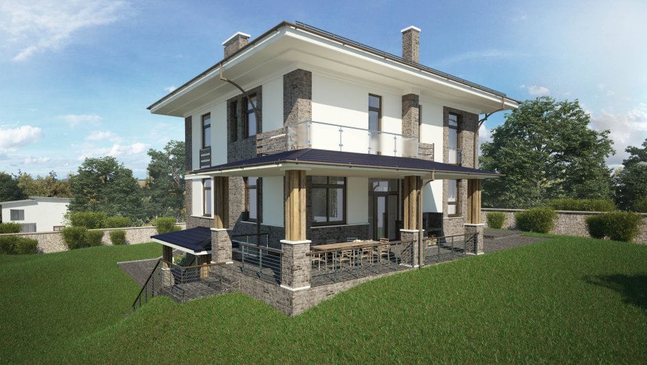 Дом с высоким цоколем и террасой