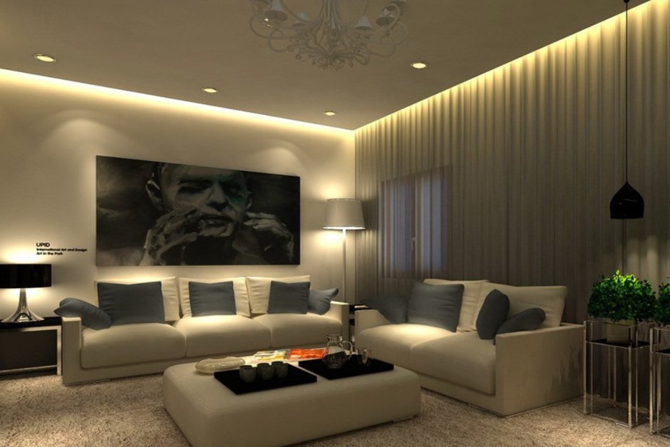 Подвесной потолок с подсветкой по периметру в гостиной