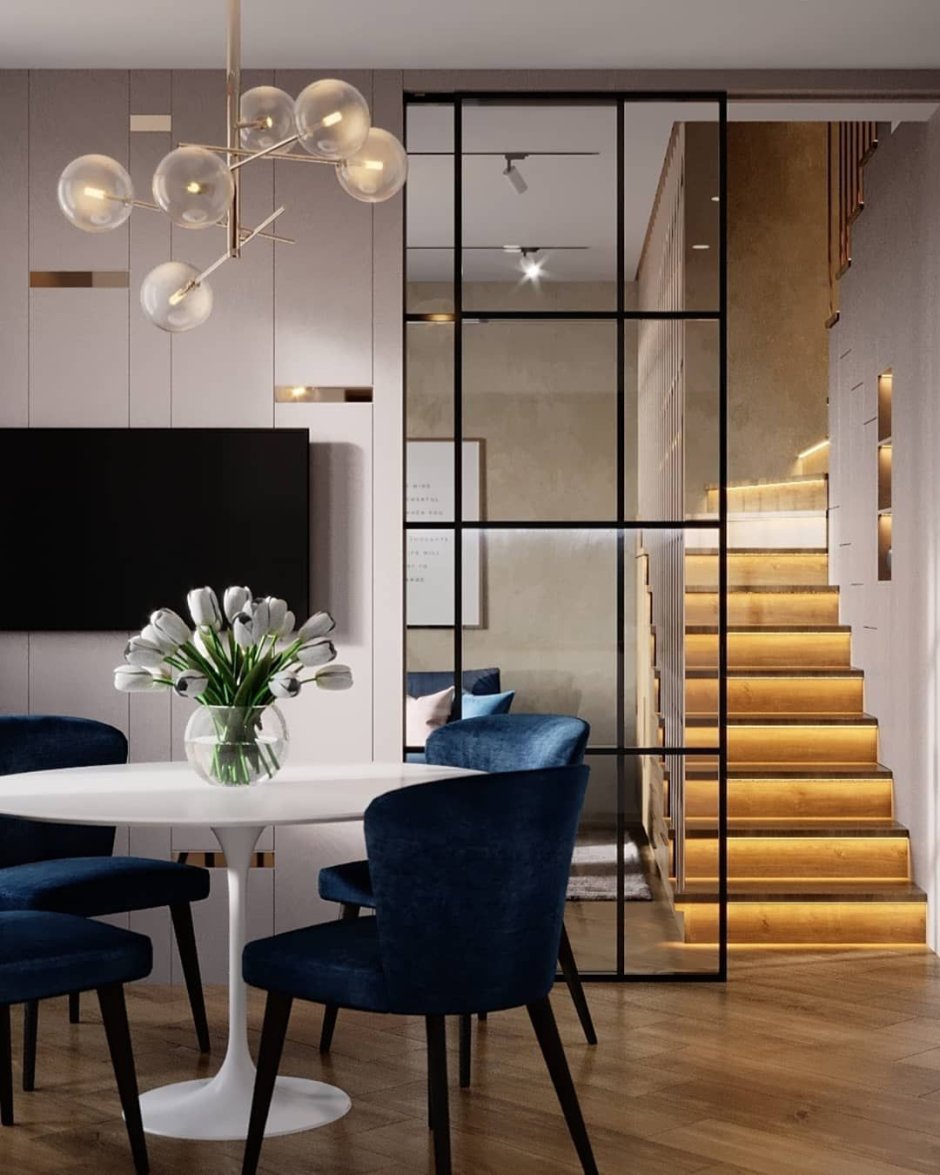 Стеклянная перегородка между кухней и гостиной