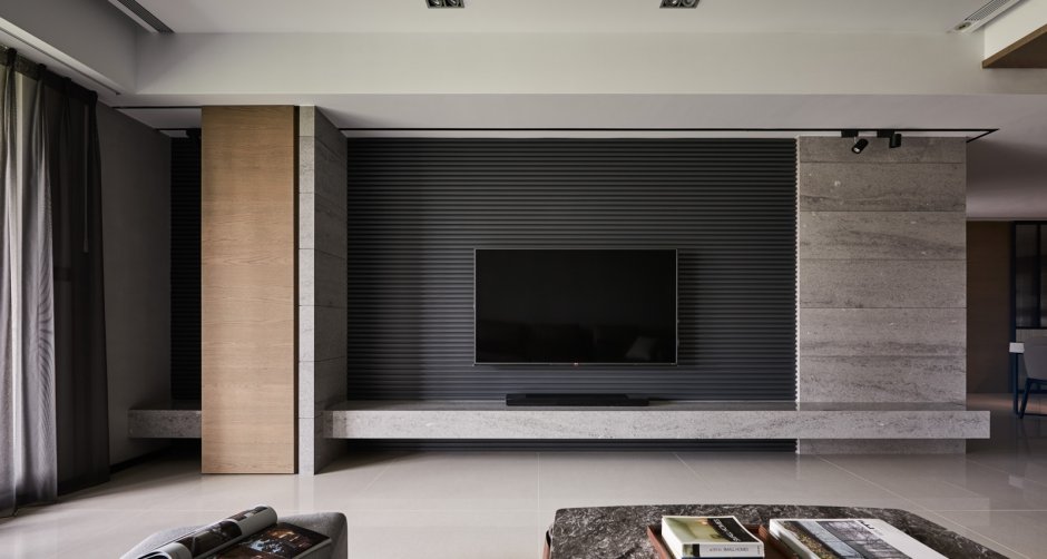 Стена с телевизором в гостиной Минимализм