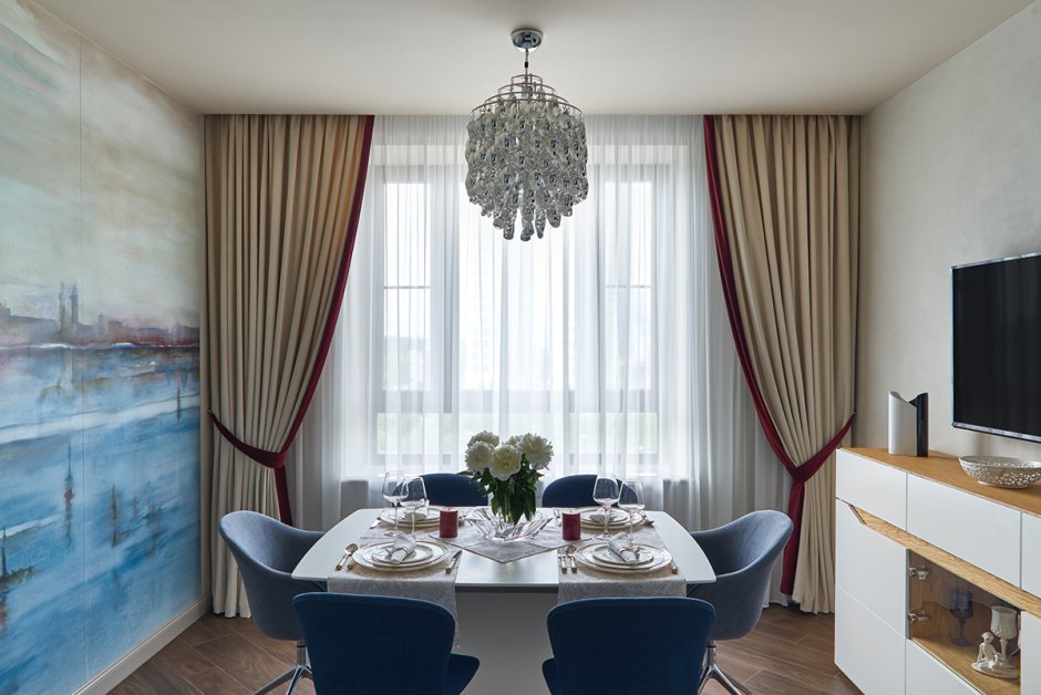 Бархатные шторы в современном интерьере кухни