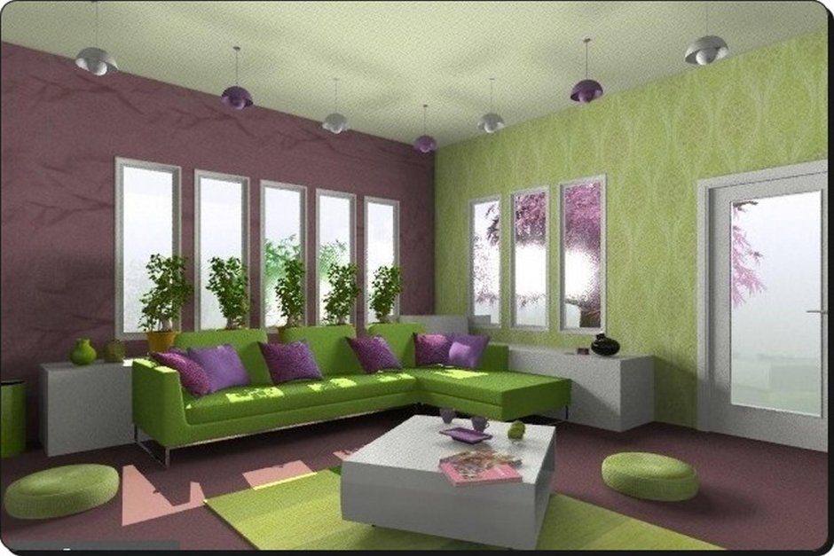 Гостиная в сиренево зеленых тонах