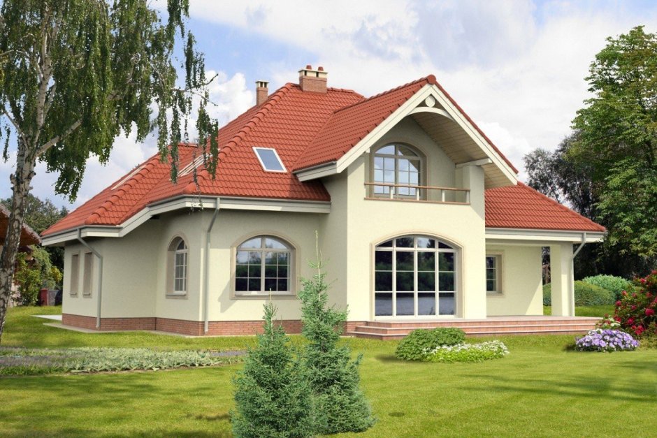 Фасады домов с красной крышей