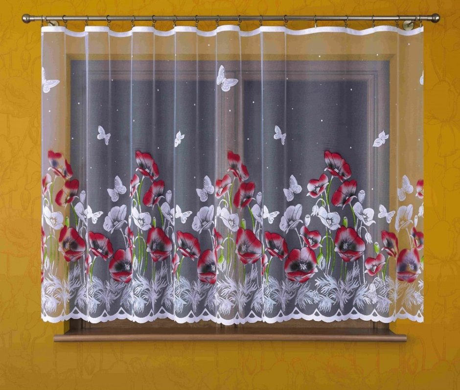 Шторы на кухню с маками короткие