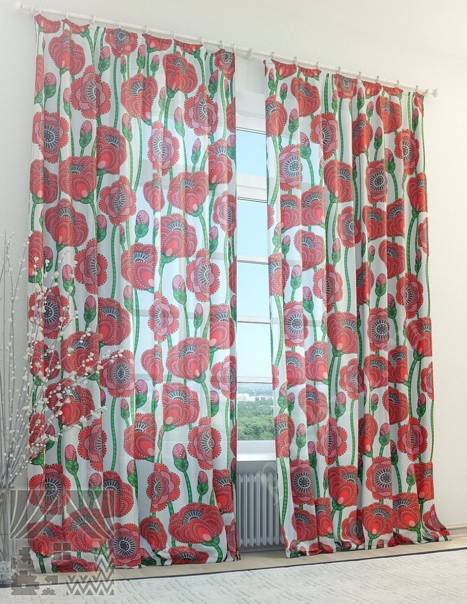 Тюль с маками для кухни