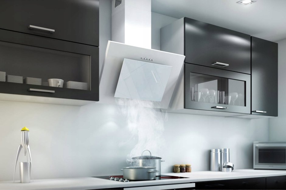 Наклонная вытяжка для кухни в интерьере