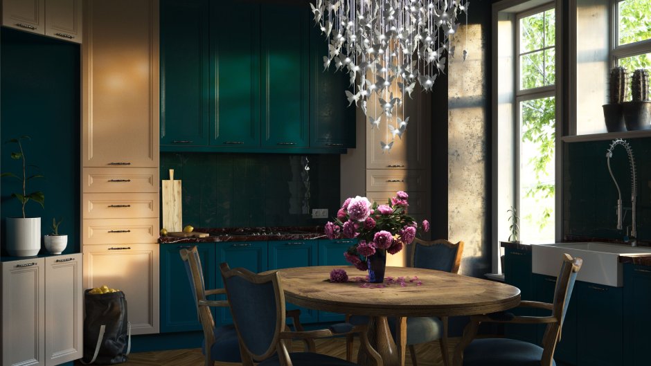 Сочетание изумрудного и серого цвета на кухне