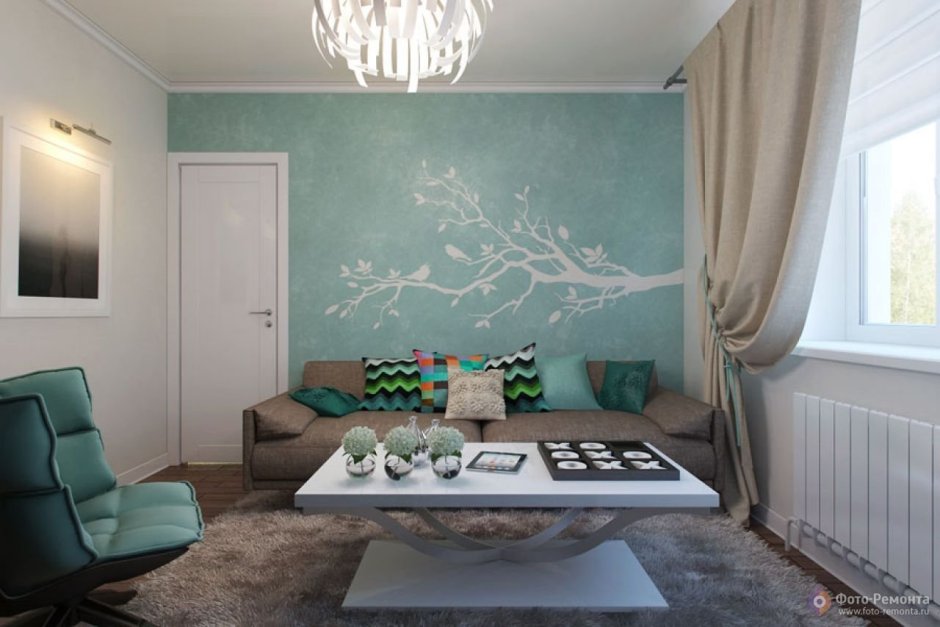 Гостиная в хрущевке в мятных тонах