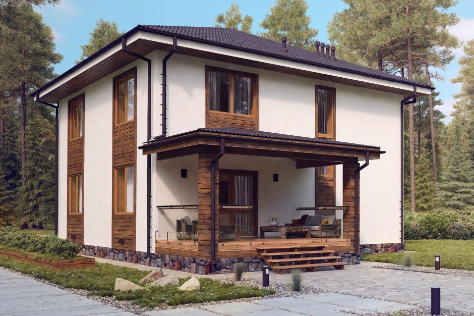 Фасад штукатурка и дерево