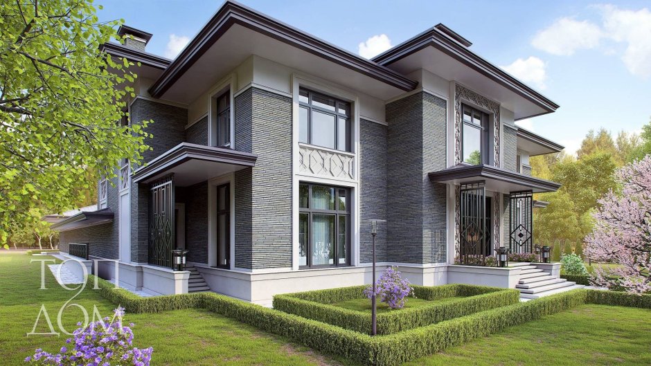 Дома из серого кирпича в стиле Райта