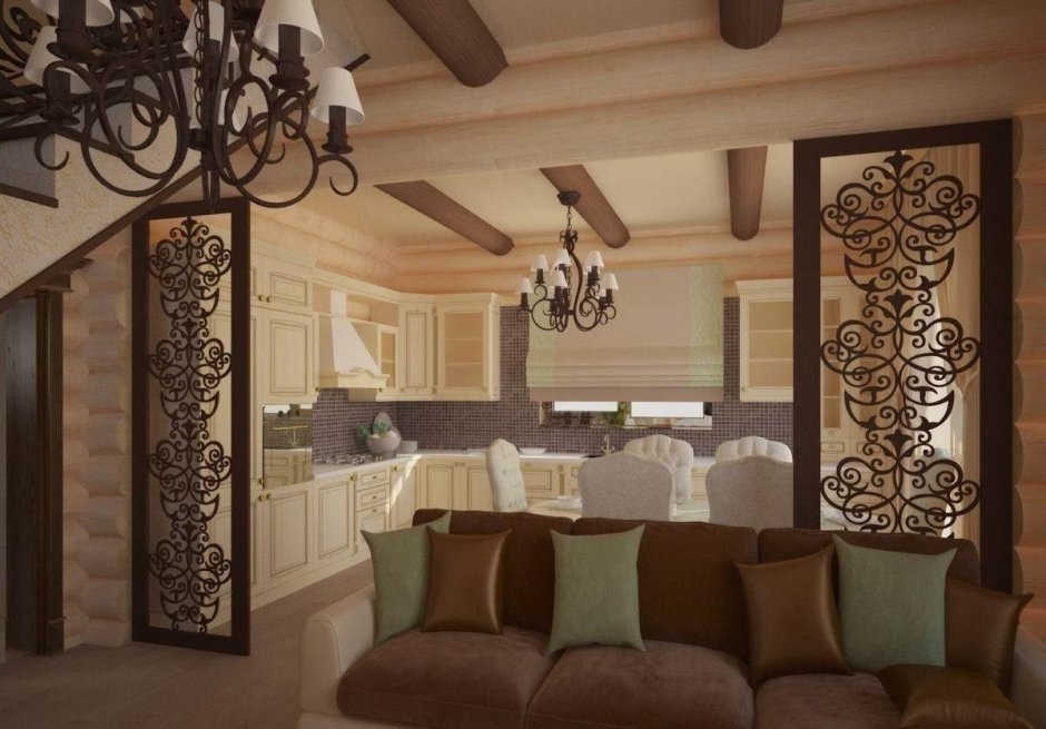 Интерьер кухни-гостиной в деревянном доме