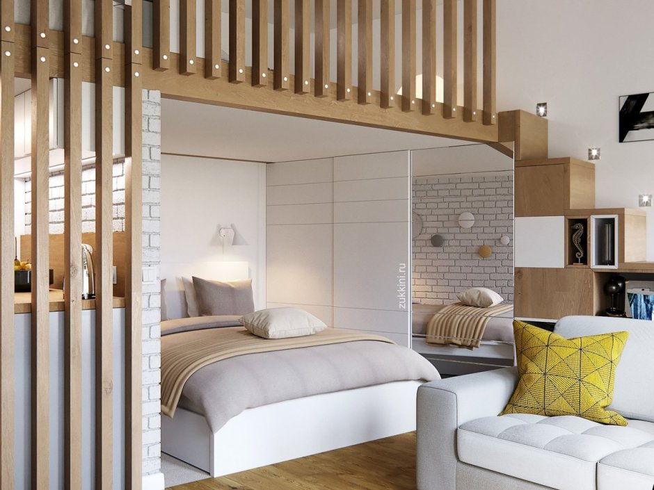 Интерьер с кроватью на втором ярусе