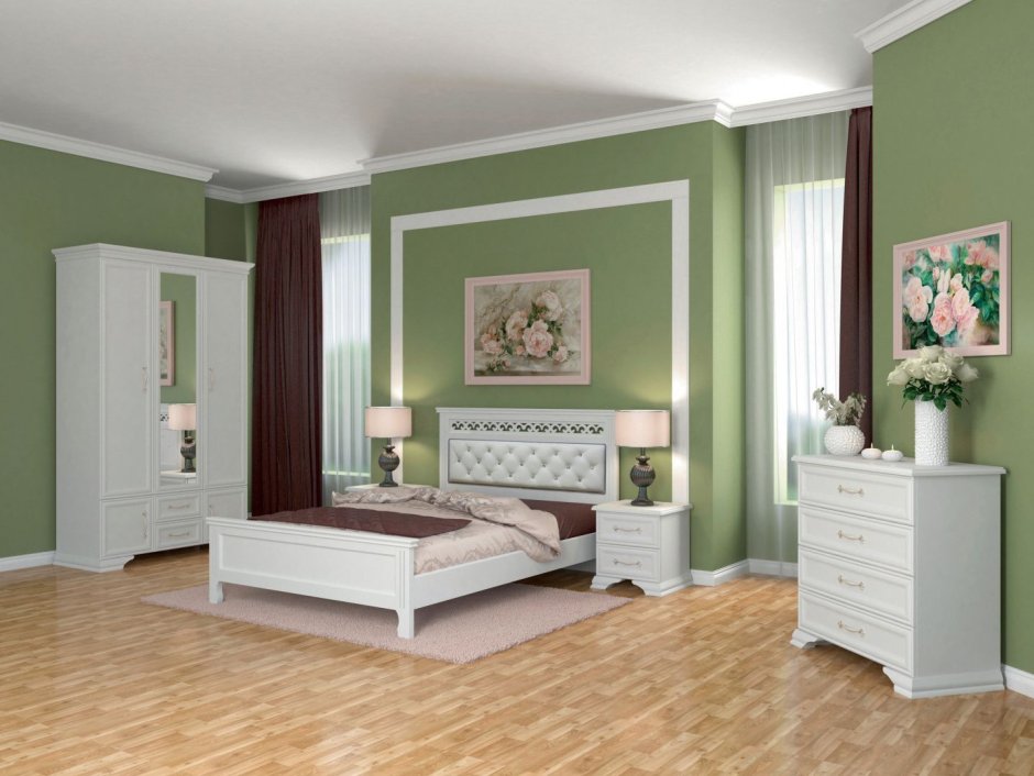 Спальня в бело зеленых тонах