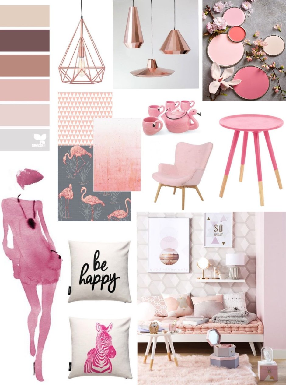 Мудборд спальня розовая