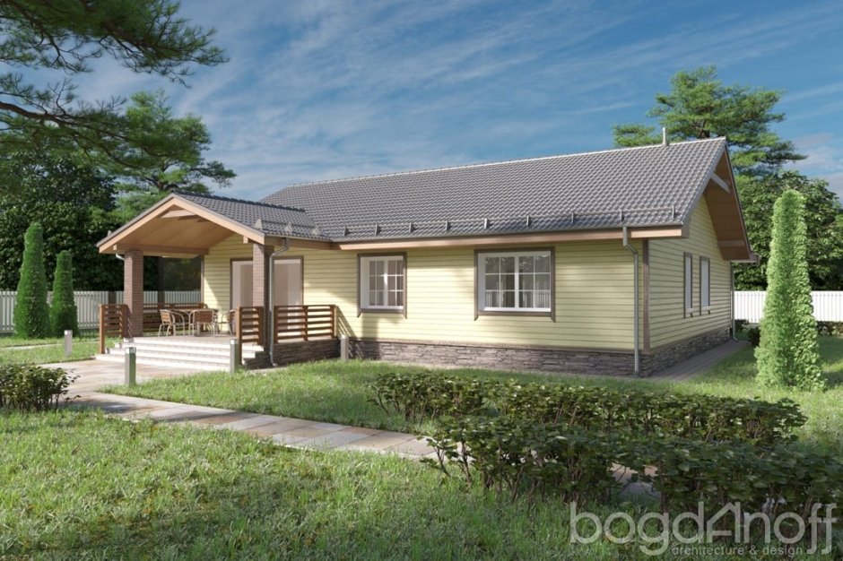 Одноэтажный дом с террасой и крыльцом