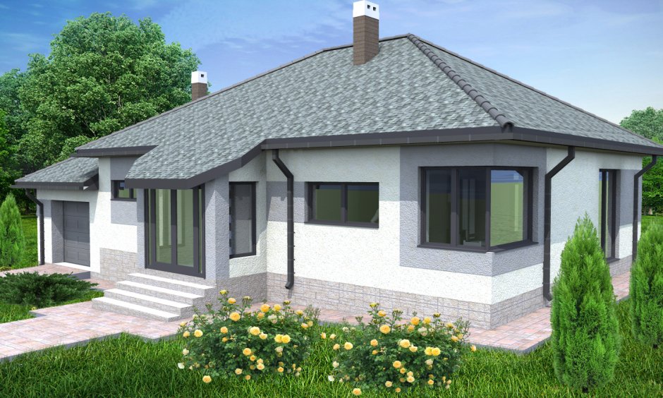 Одноэтажный дом с большим крыльцом