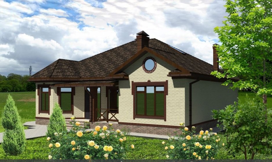 Одноэтажный дом с четырехскатной крышей