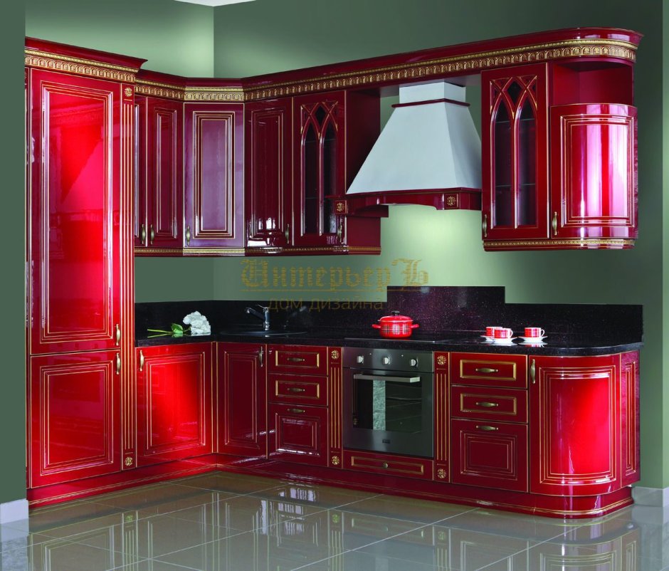 Кухня угловая красная под дерево