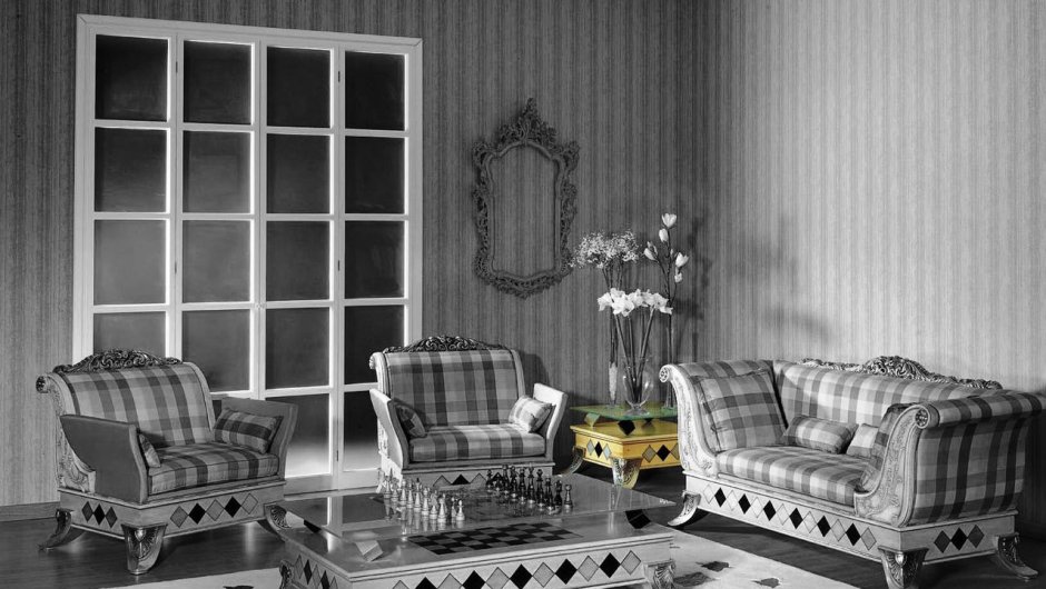 Диван в черно белую клетку в интерьере