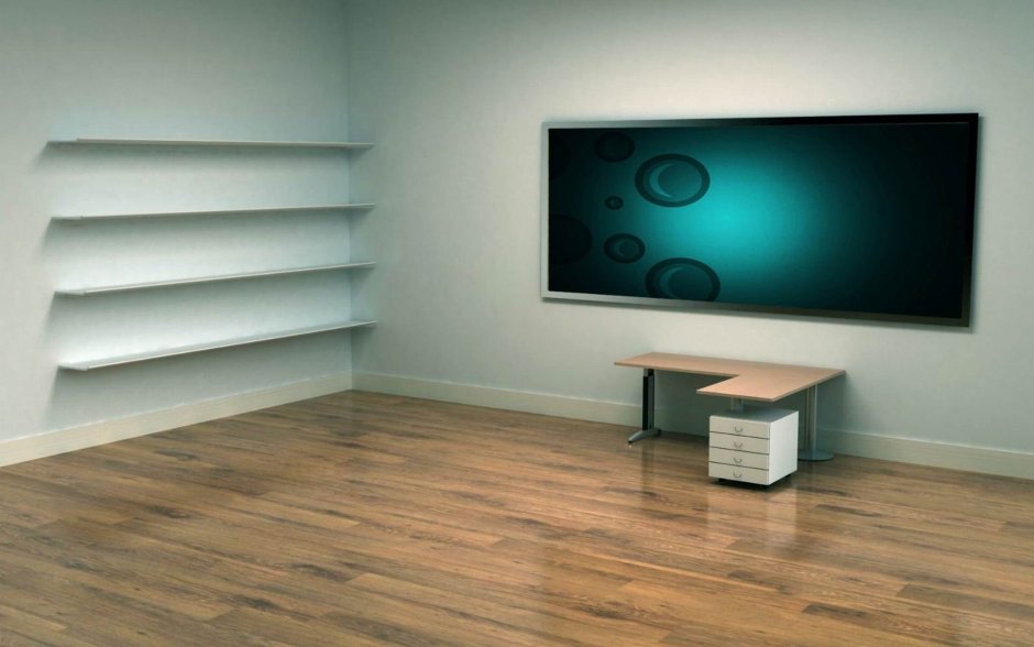 Пустая комната с полками и столом