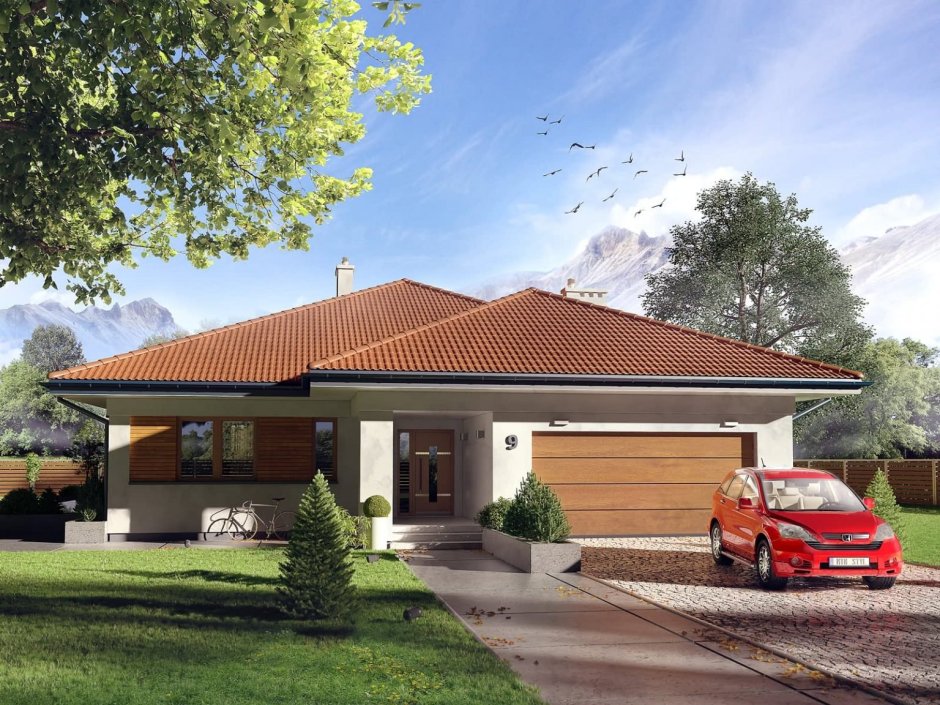 Двухэтажный дом с четырехскатной крышей