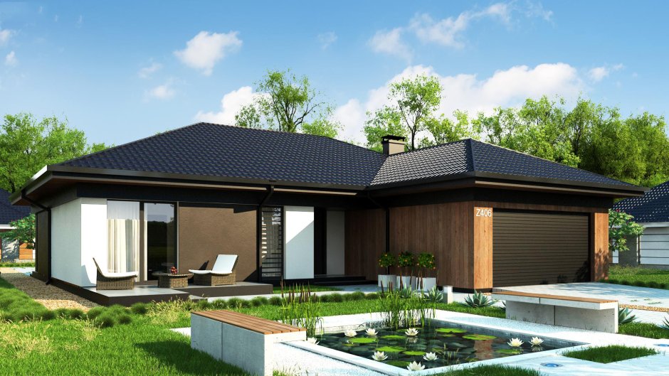 Одноэтажный дом с большим гаражом