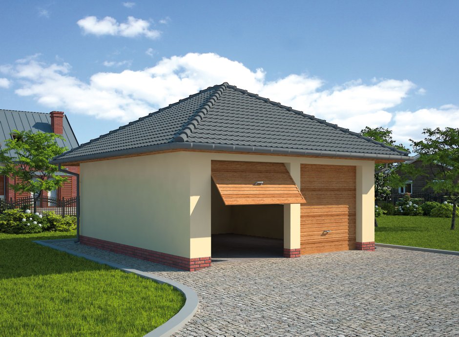 Одноэтажный белый дом с четырехскатной крышей