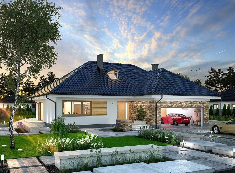 Одноэтажный дом с четырехскатной крышей 100 квадратов