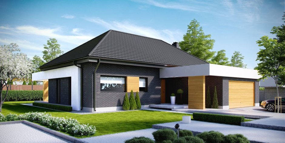 Одноэтажный дом с четырехскатной крышей и гаражом