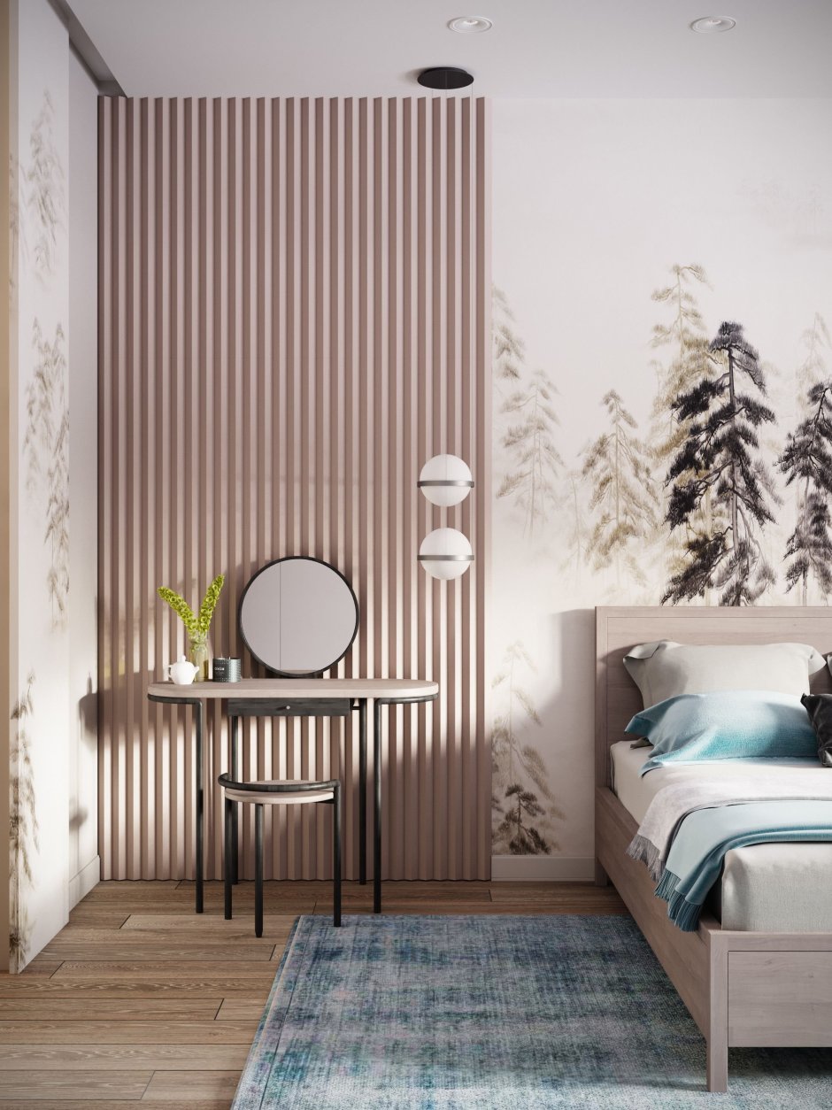 Спальня с деревянными рейками на стене