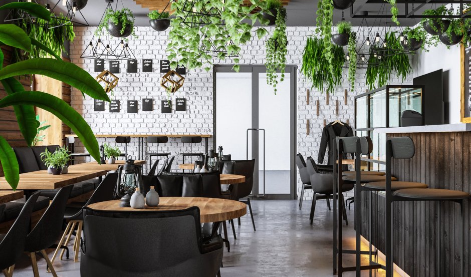 Кафе в стиле лофт с зеленью