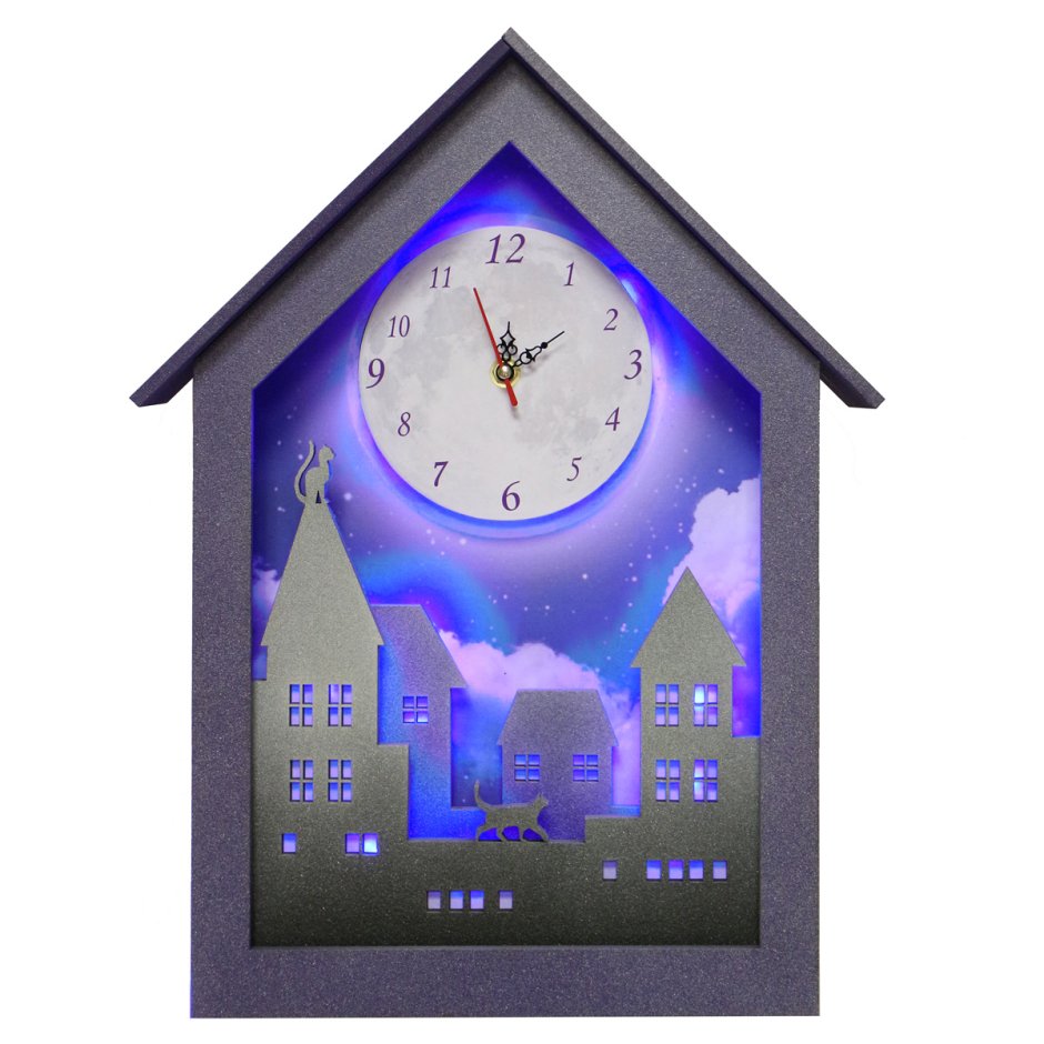 Часы настенные с подсветкой Луна 280х430мм черно-фиолетовые МДФ